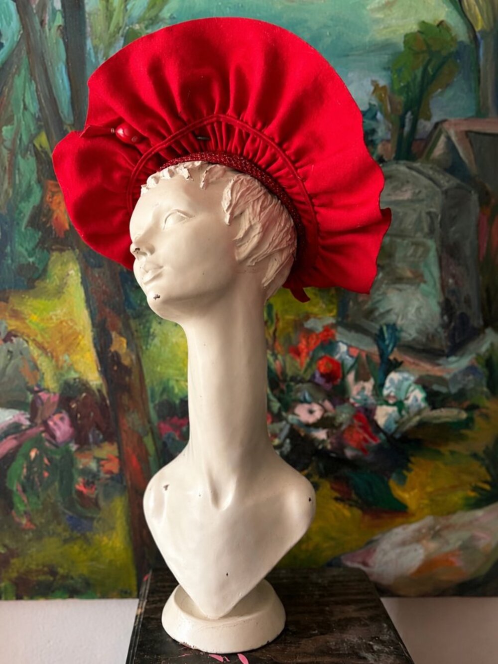 Vintage 1940s Cherry Red Halo Hat | Statement Bonnet | Old Hollywood Glamour